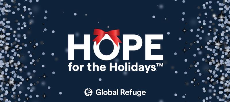 Dark Blue background with snow on the sides and Hope for Holidays with a wreath in the center.
